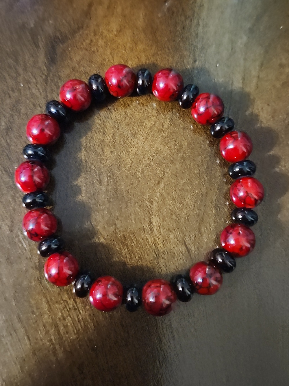 Handmade Dyed Red Quartz and Black Beaded Bracelet